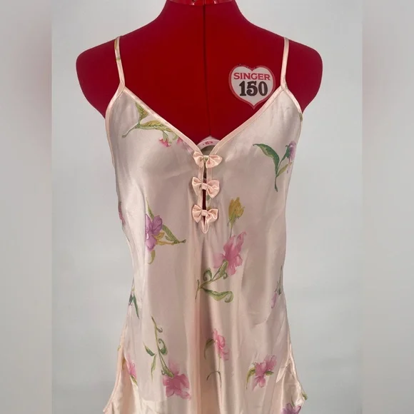 80s/90s Coquette Morgan Taylor Intimates Satin Baby Oink Floral Nightie W Bows - Picture 3 of 10